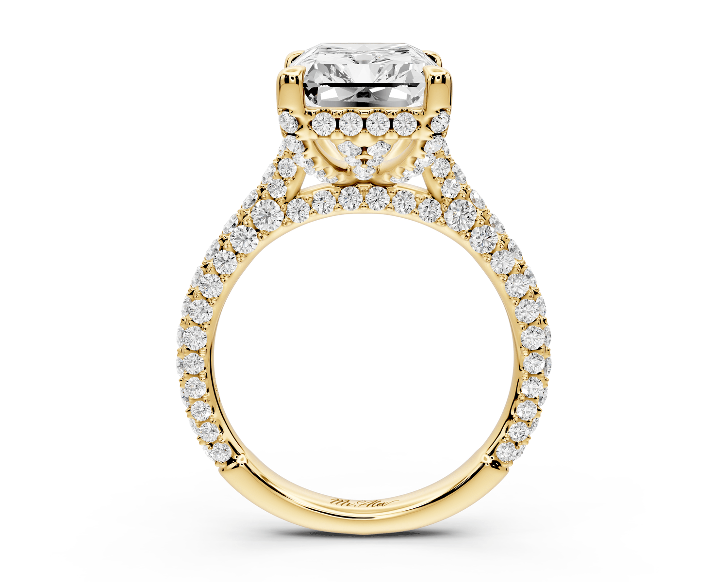 Bianca - 5ct 18k yellow gold radiant Diamond hidden halo with a diamond crown and bridge rollover pave cathedral engagement ring - Mr. Alex Jewelry