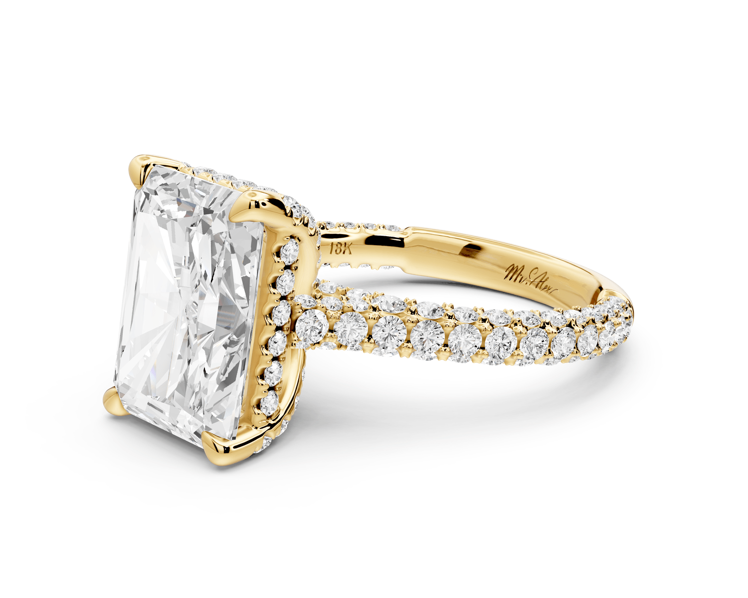 Bianca - 5ct 18k yellow gold radiant Diamond hidden halo with a diamond crown and bridge rollover pave cathedral engagement ring - Mr. Alex Jewelry
