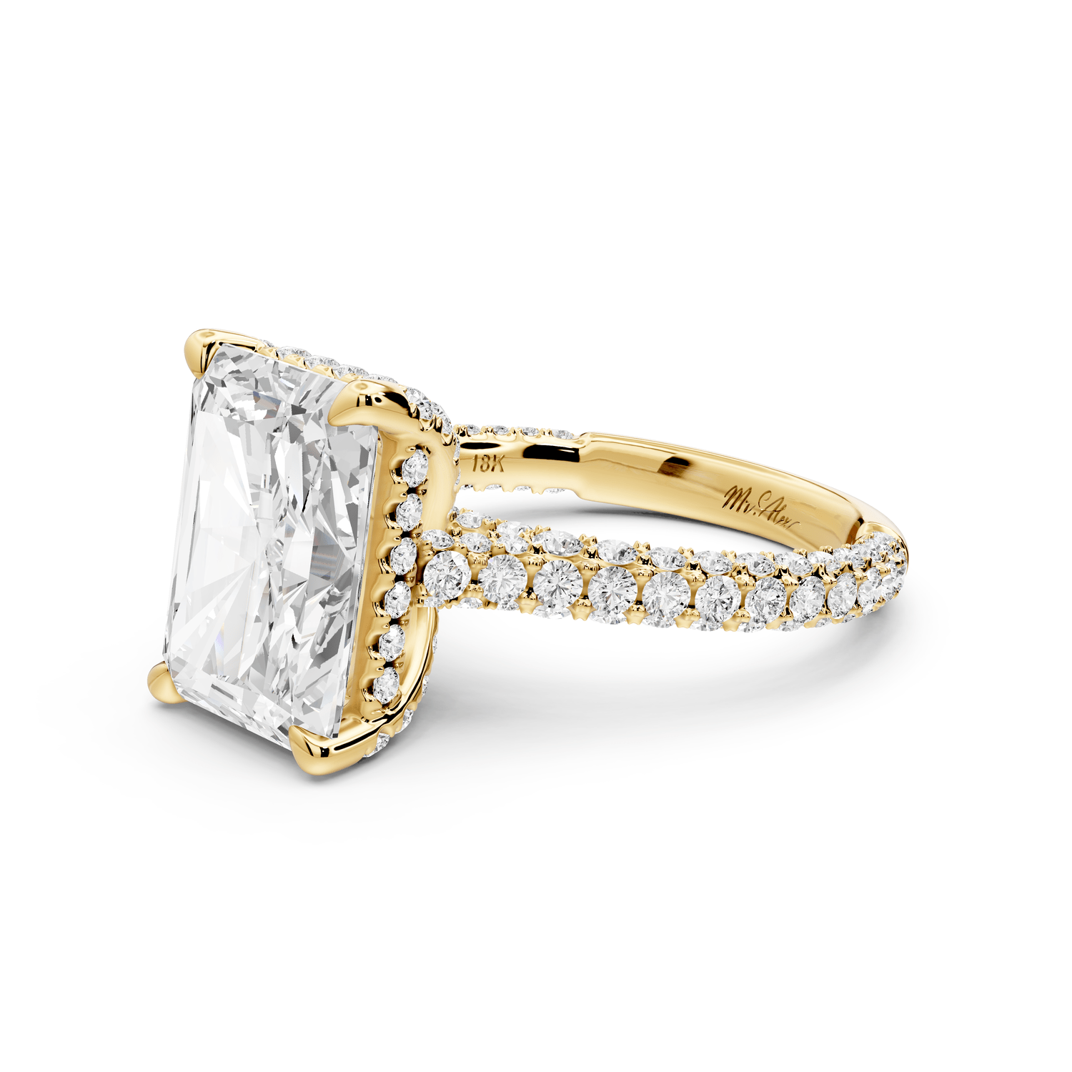 Bianca - 5ct 18k yellow gold radiant Diamond hidden halo with a diamond crown and bridge rollover pave cathedral engagement ring - Mr. Alex Jewelry