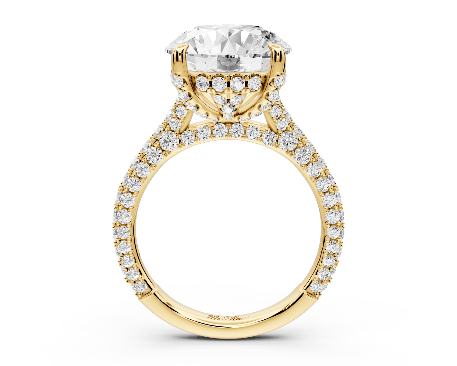 Bianca - 5ct 18k yellow gold round Diamond hidden halo with a diamond crown and bridge rollover pave cathedral engagment ring - Mr. Alex Jewelry