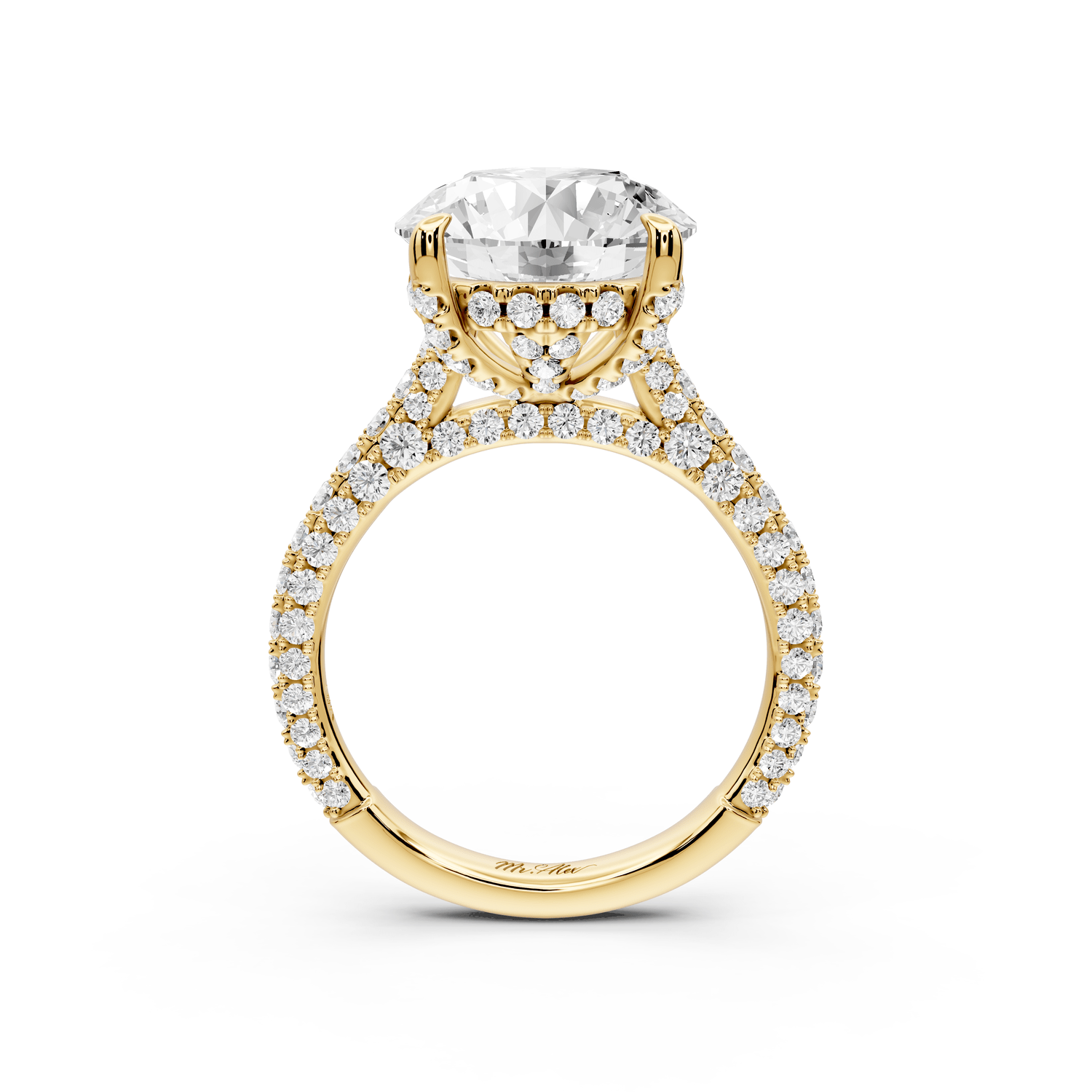 Bianca - 5ct 18k yellow gold round Diamond hidden halo with a diamond crown and bridge rollover pave cathedral engagment ring - Mr. Alex Jewelry