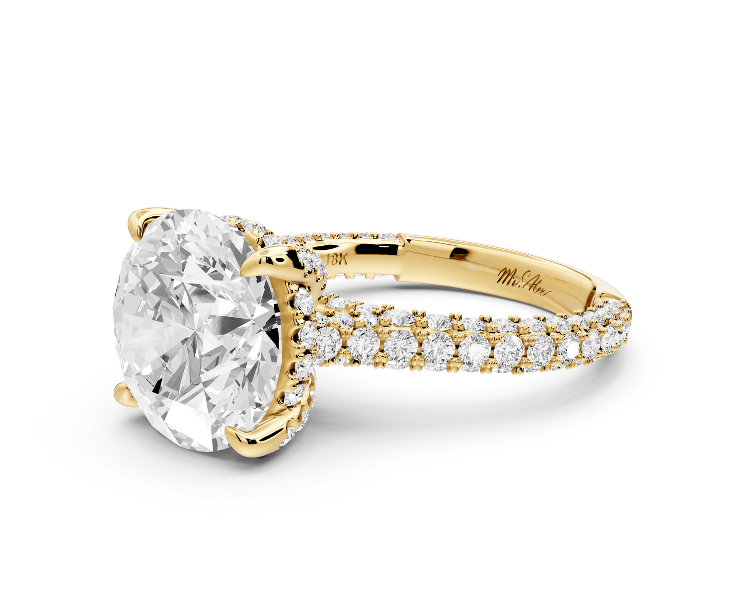 Bianca - 5ct 18k yellow gold round Diamond hidden halo with a diamond crown and bridge rollover pave cathedral engagment ring - Mr. Alex Jewelry