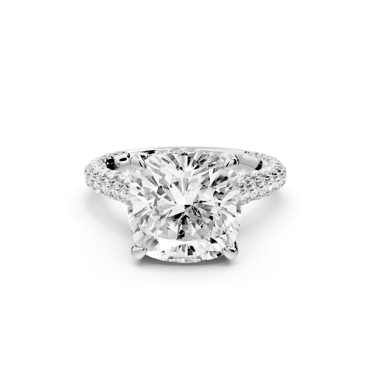 Bianca - 5ct platinum cushion Diamond hidden halo with a diamond crown and bridge rollover pave cathedral engagement ring - Mr. Alex Jewelry