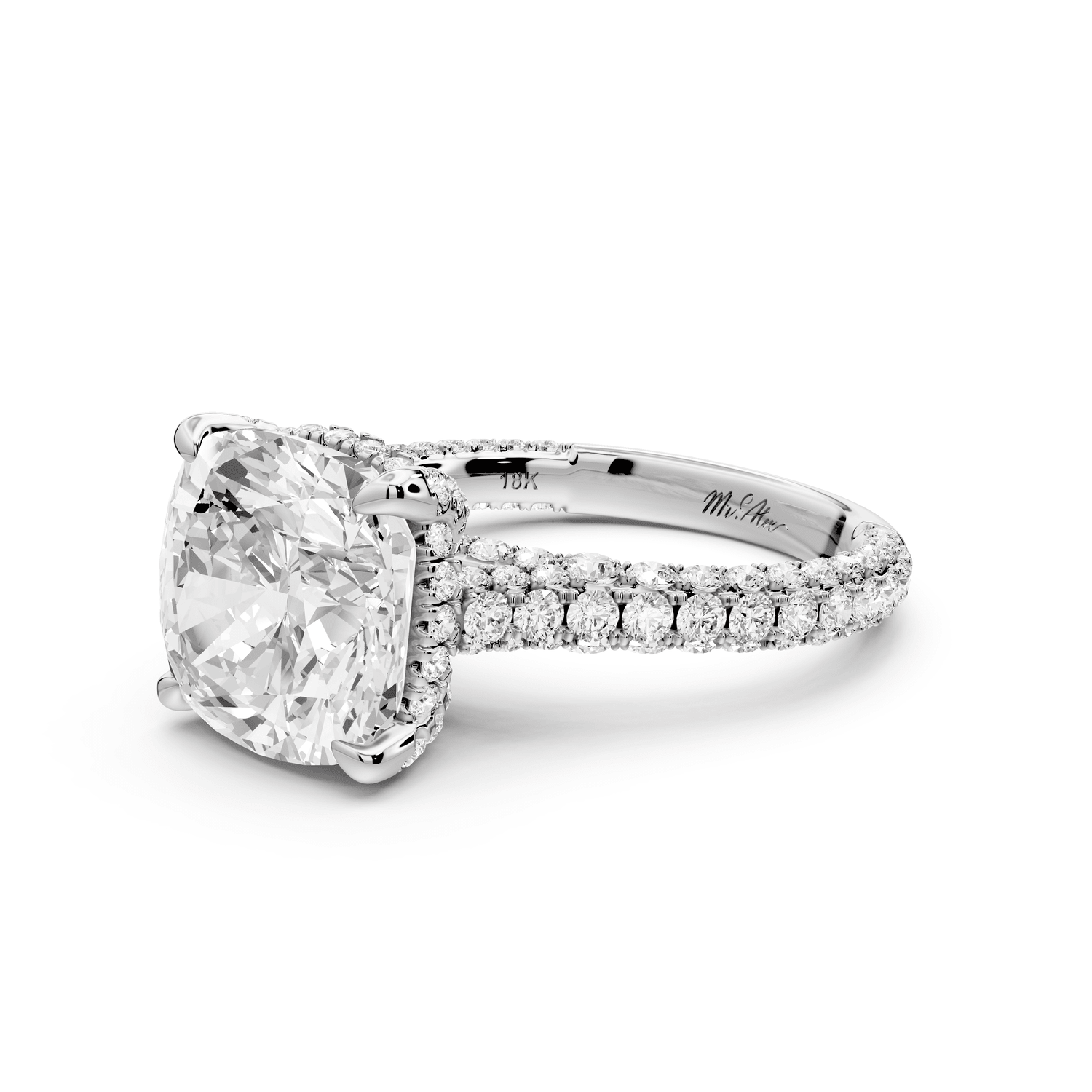 Bianca - 5ct platinum cushion Diamond hidden halo with a diamond crown and bridge rollover pave cathedral engagement ring - Mr. Alex Jewelry