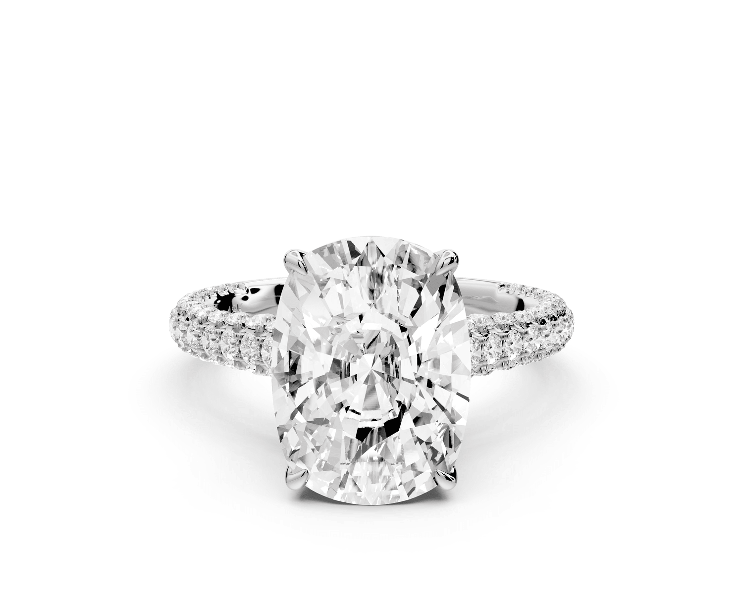 Bianca - 5ct platinum ecushion Diamond hidden halo with a diamond crown and bridge rollover pave cathedral engagement ring - Mr. Alex Jewelry