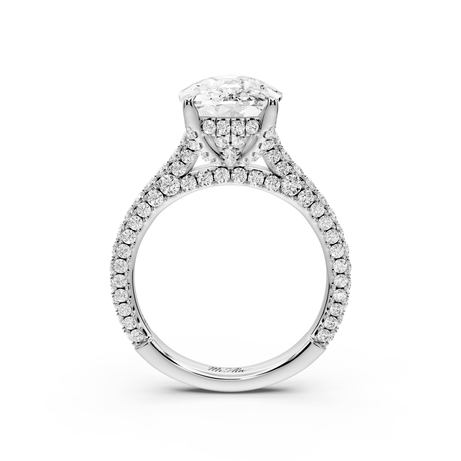 Bianca - 5ct platinum ecushion Diamond hidden halo with a diamond crown and bridge rollover pave cathedral engagement ring - Mr. Alex Jewelry