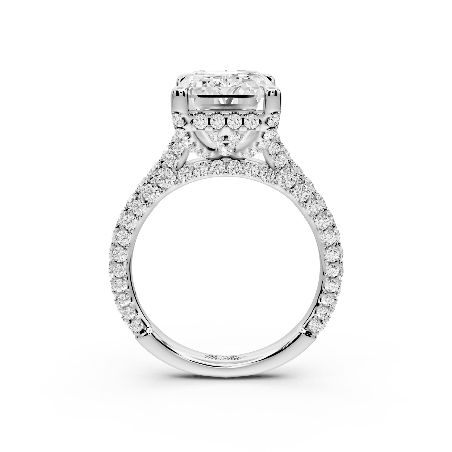 Bianca - 5ct platinum emerald Diamond hidden halo with a diamond crown and bridge rollover pave cathedral Engagement ring - Mr. Alex Jewelry