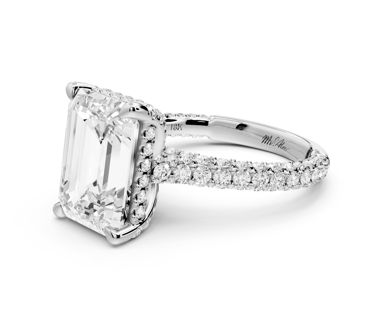 Bianca - 5ct platinum emerald Diamond hidden halo with a diamond crown and bridge rollover pave cathedral Engagement ring - Mr. Alex Jewelry