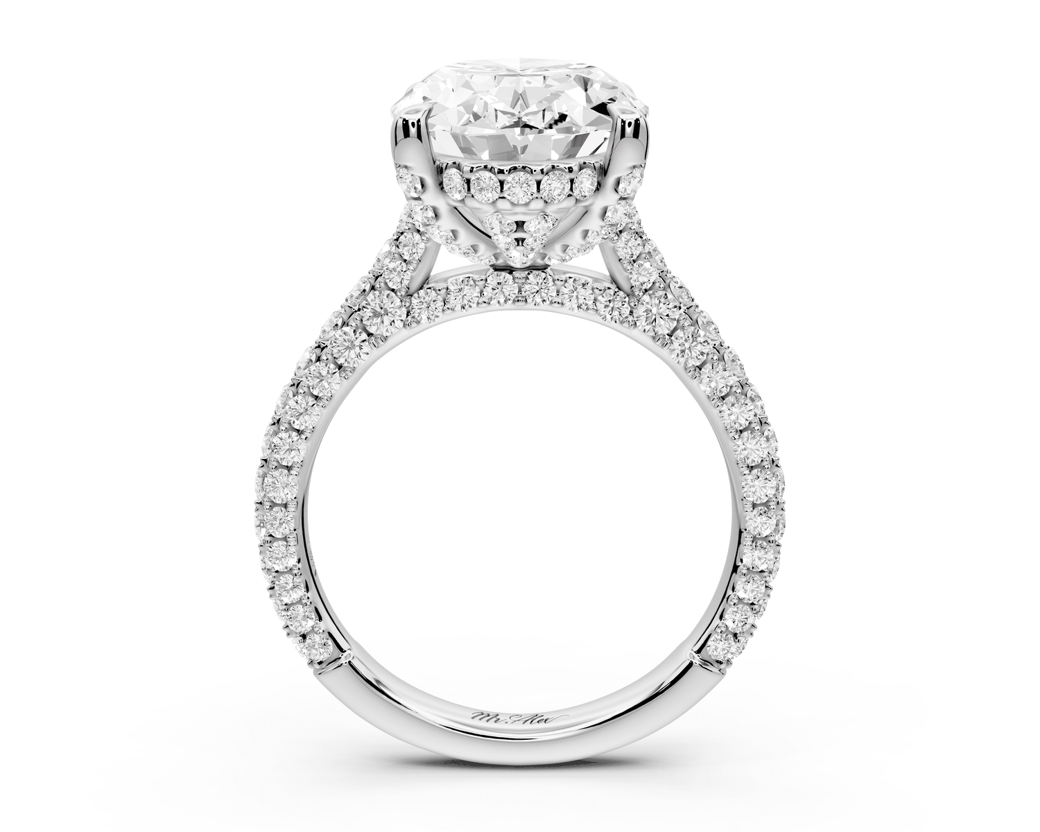 Bianca - 5ct platinum oval Diamond hidden halo with a diamond crown and bridge rollover pave cathedral Engagement ring - Mr. Alex Jewelry