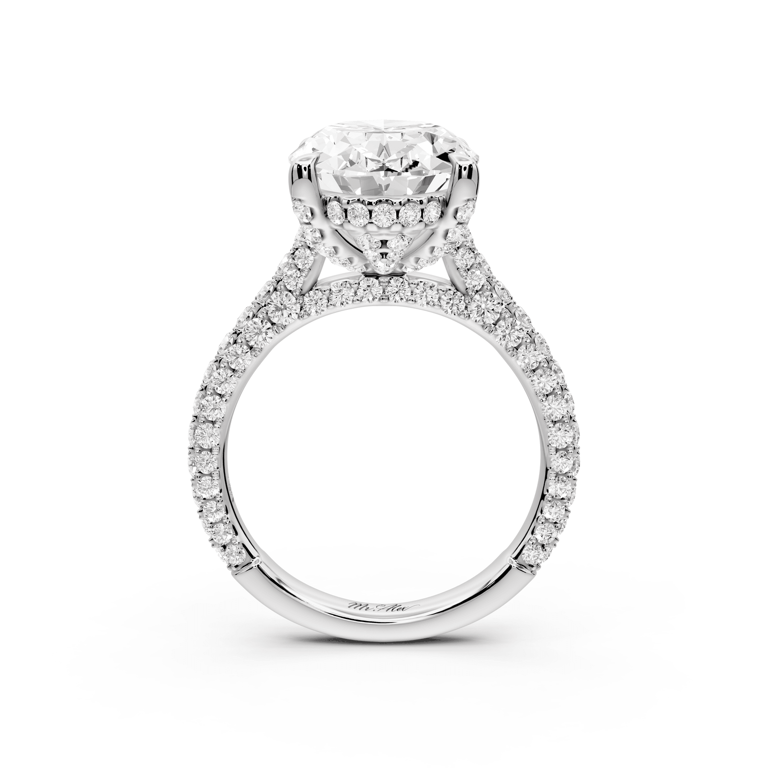 Bianca - 5ct platinum oval Diamond hidden halo with a diamond crown and bridge rollover pave cathedral Engagement ring - Mr. Alex Jewelry