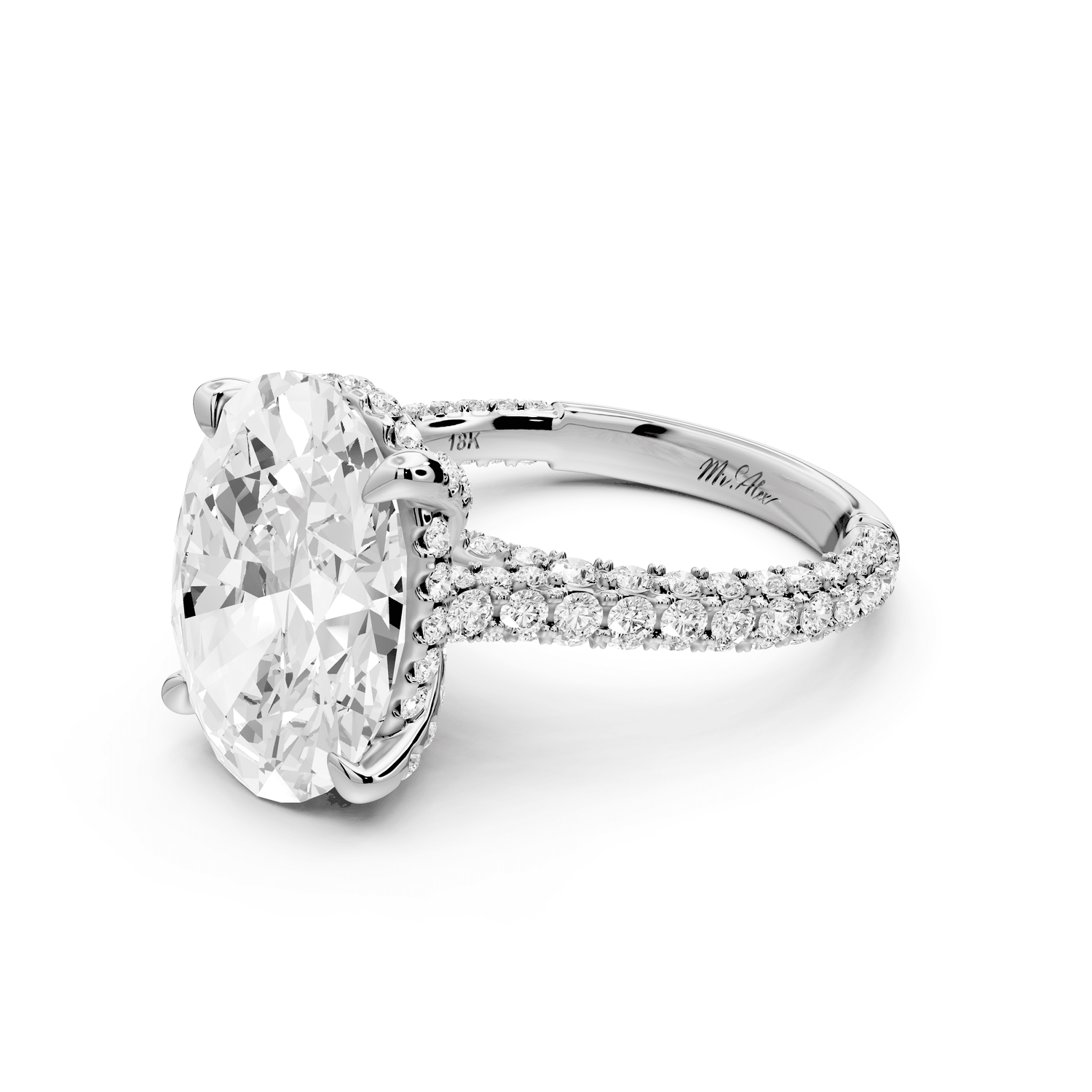 Bianca - 5ct platinum oval Diamond hidden halo with a diamond crown and bridge rollover pave cathedral Engagement ring - Mr. Alex Jewelry