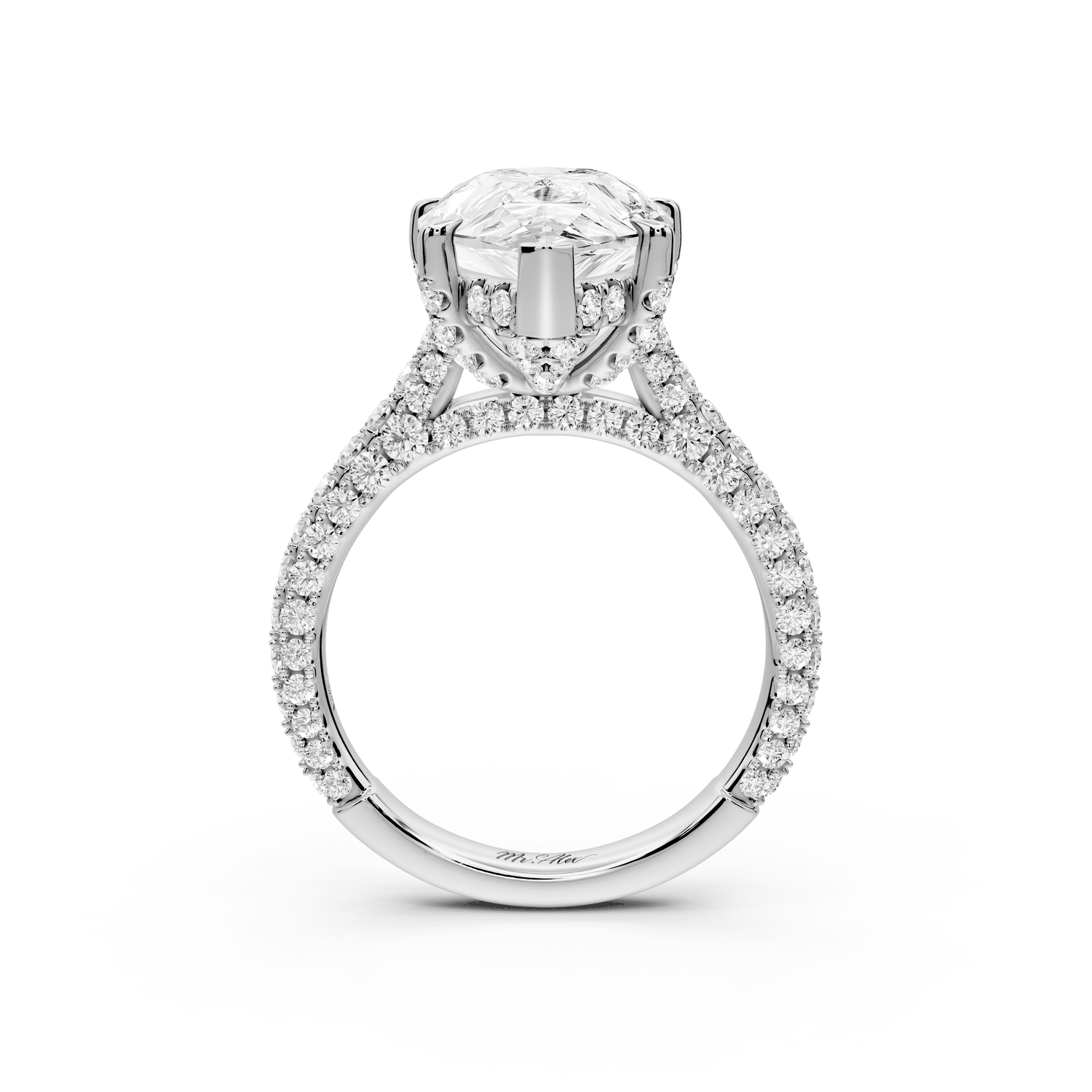 Bianca - 5ct platinum pear Diamond hidden halo with a diamond crown and bridge rollover pave cathedral Engagement ring - Mr. Alex Jewelry