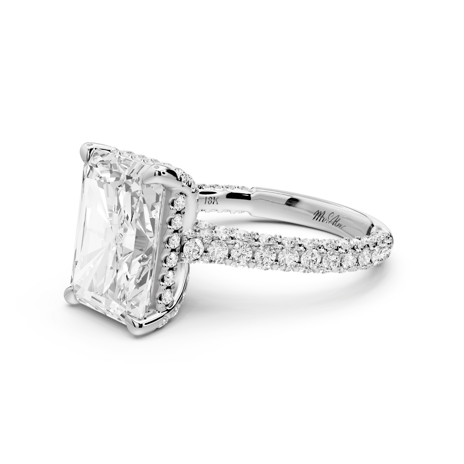 Bianca - 5ct platinum radiant Diamond hidden halo with a diamond crown and bridge rollover pave cathedral engagement ring - Mr. Alex Jewelry