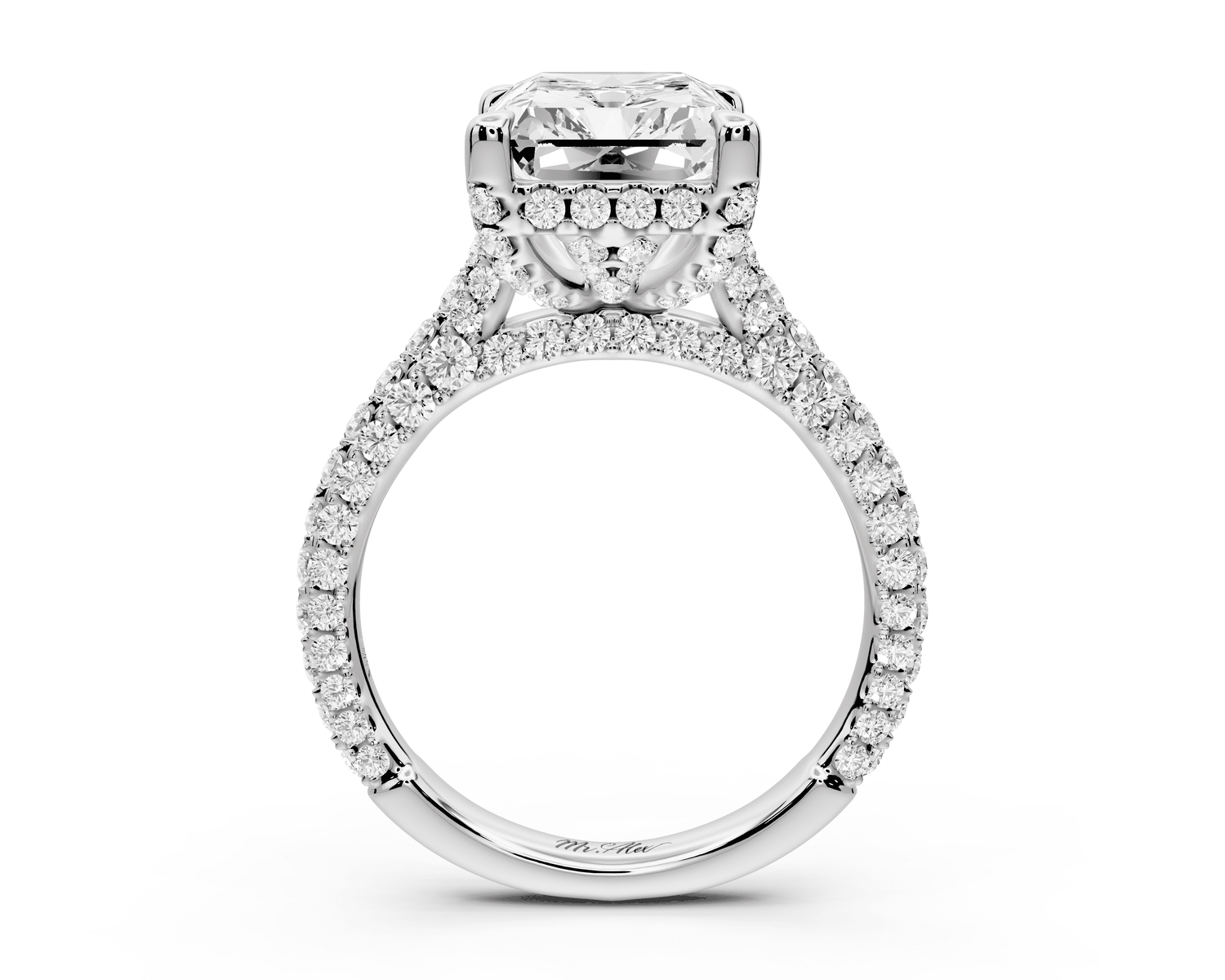Bianca - 5ct platinum radiant Diamond hidden halo with a diamond crown and bridge rollover pave cathedral engagement ring - Mr. Alex Jewelry