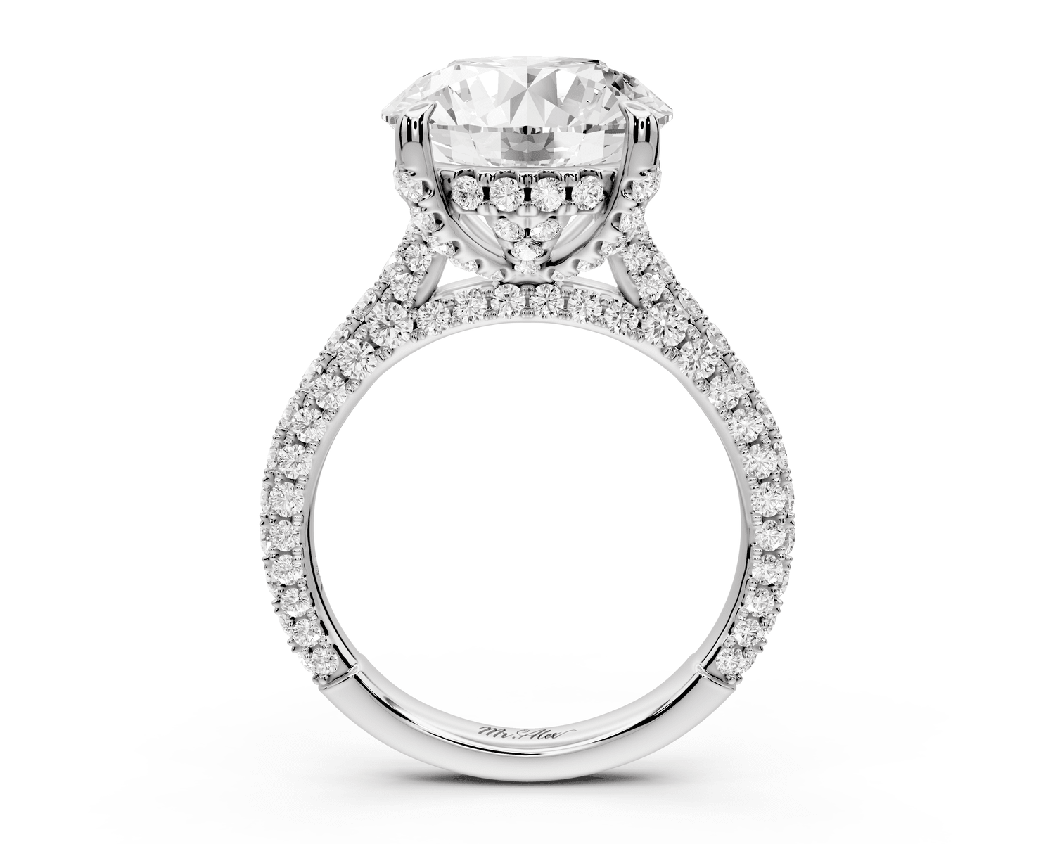 Bianca - 5ct platinum round Diamond hidden halo with a diamond crown and bridge rollover pave cathedral engagment ring - Mr. Alex Jewelry