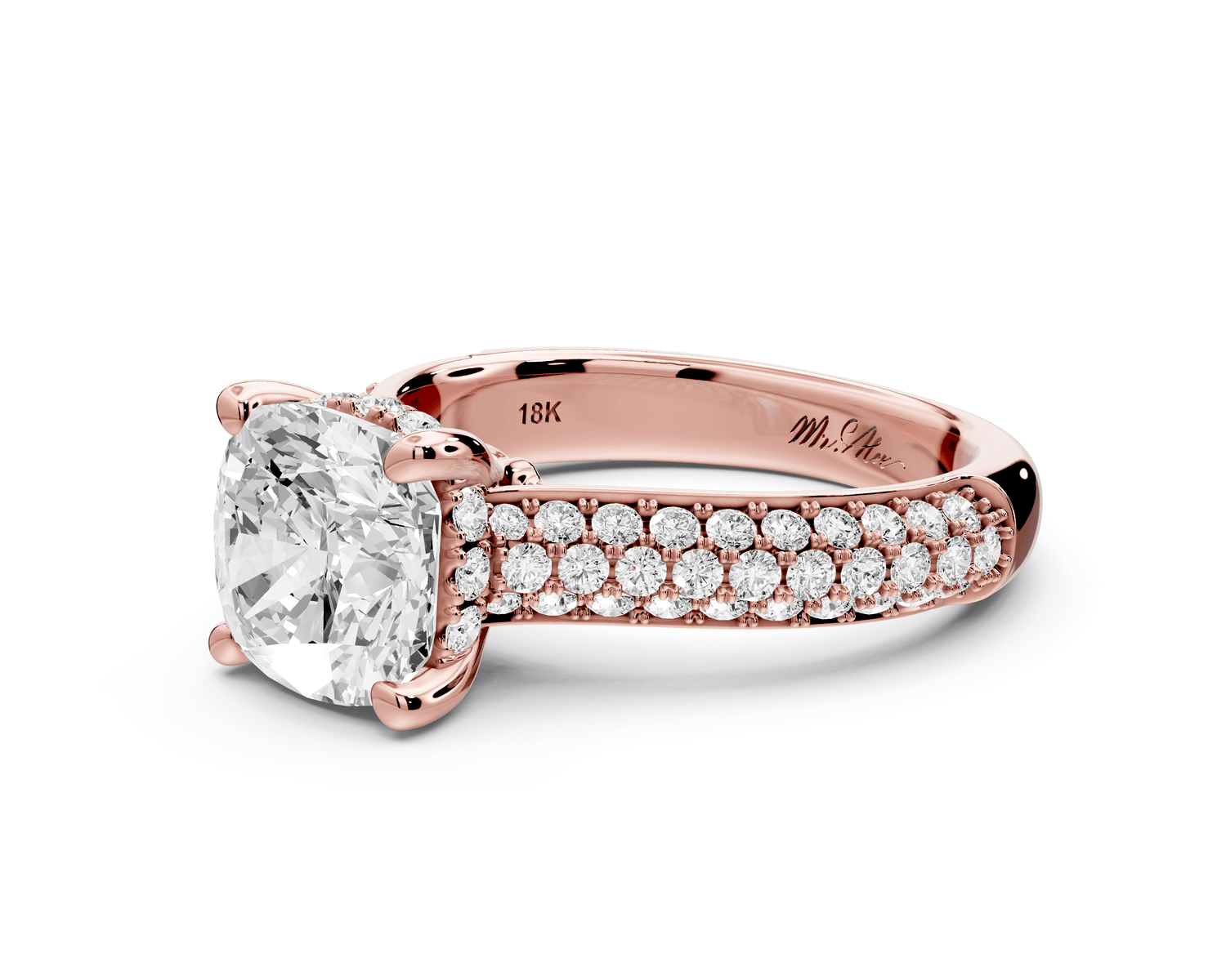 Camille - 2ct 14k rose gold cushion Diamond hidden halo rollover pave cathedral engagement ring - Mr. Alex Jewelry