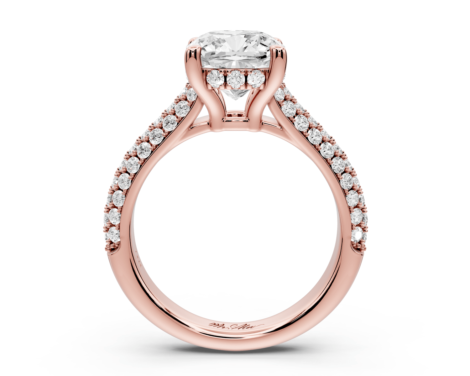Camille - 2ct 14k rose gold cushion Diamond hidden halo rollover pave cathedral engagement ring - Mr. Alex Jewelry