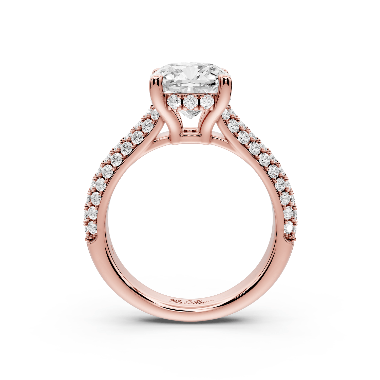 Camille - 2ct 14k rose gold cushion Diamond hidden halo rollover pave cathedral engagement ring - Mr. Alex Jewelry