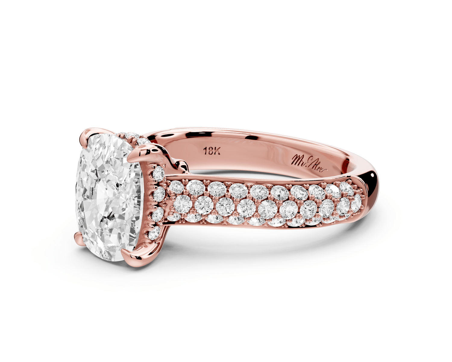Camille - 2ct 14k rose gold ecushion Diamond hidden halo rollover pave cathedral engagement ring - Mr. Alex Jewelry