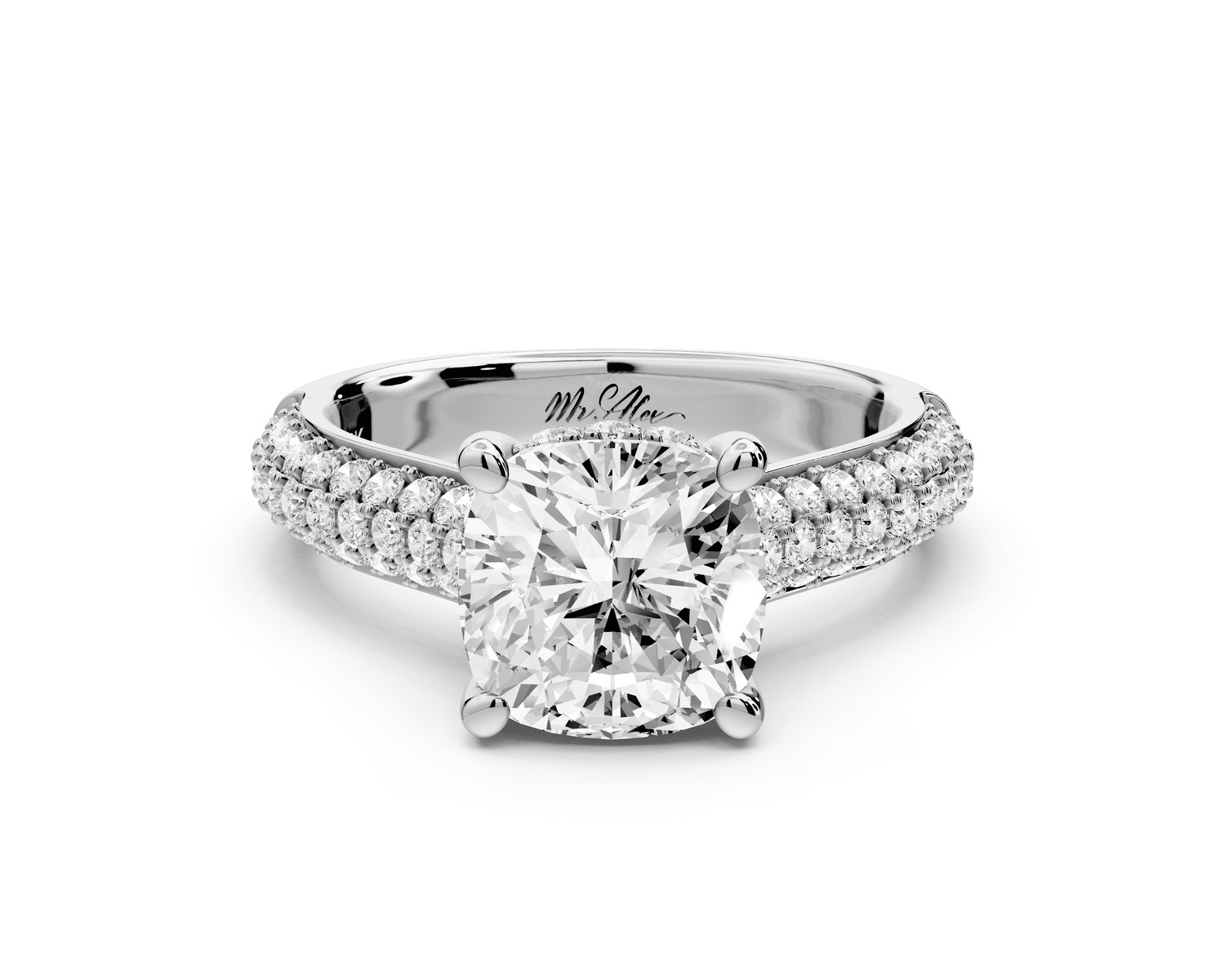 Camille - 2ct 14k white gold cushion Diamond hidden halo rollover pave cathedral engagement ring - Mr. Alex Jewelry