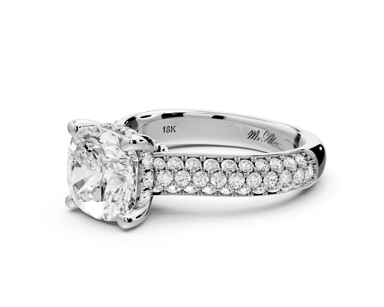 Camille - 2ct 14k white gold cushion Diamond hidden halo rollover pave cathedral engagement ring - Mr. Alex Jewelry