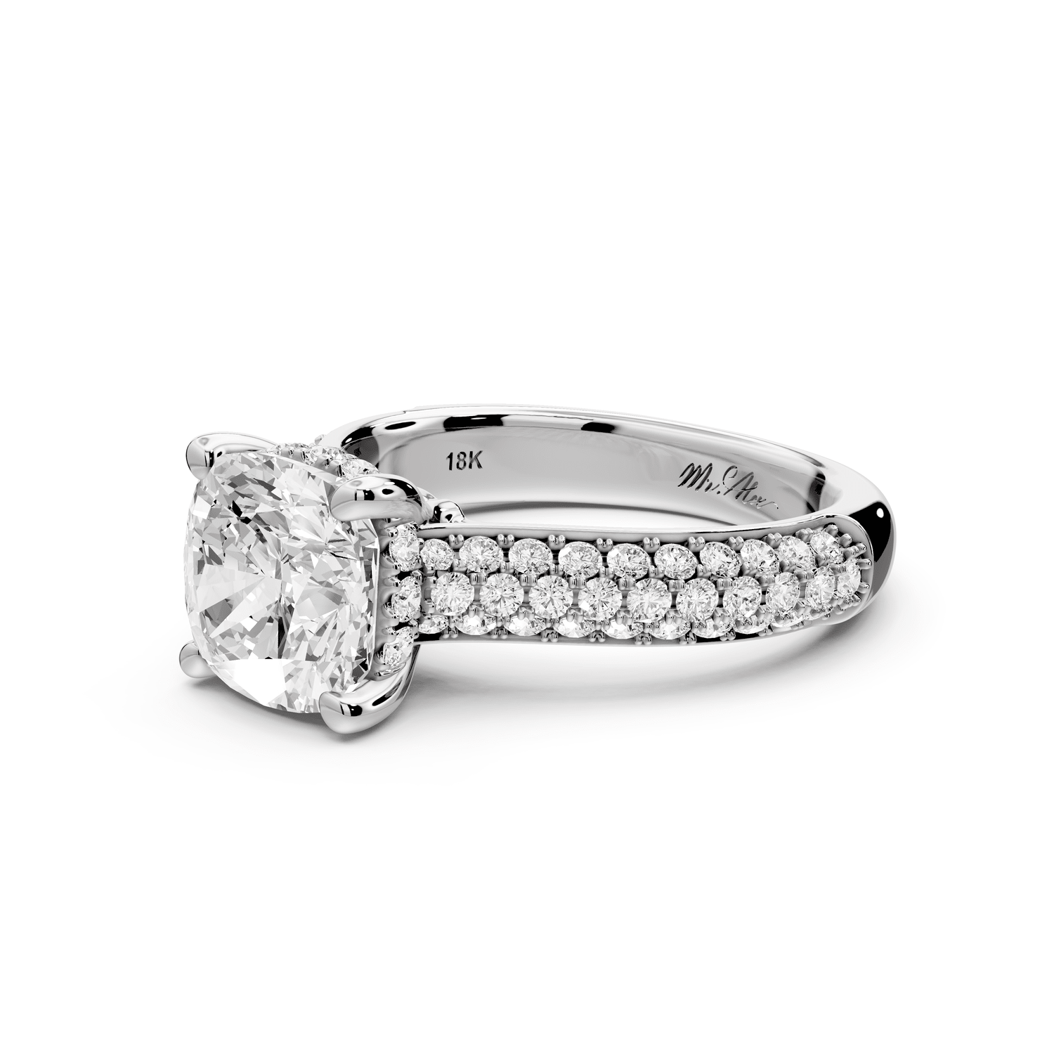 Camille - 2ct 14k white gold cushion Diamond hidden halo rollover pave cathedral engagement ring - Mr. Alex Jewelry