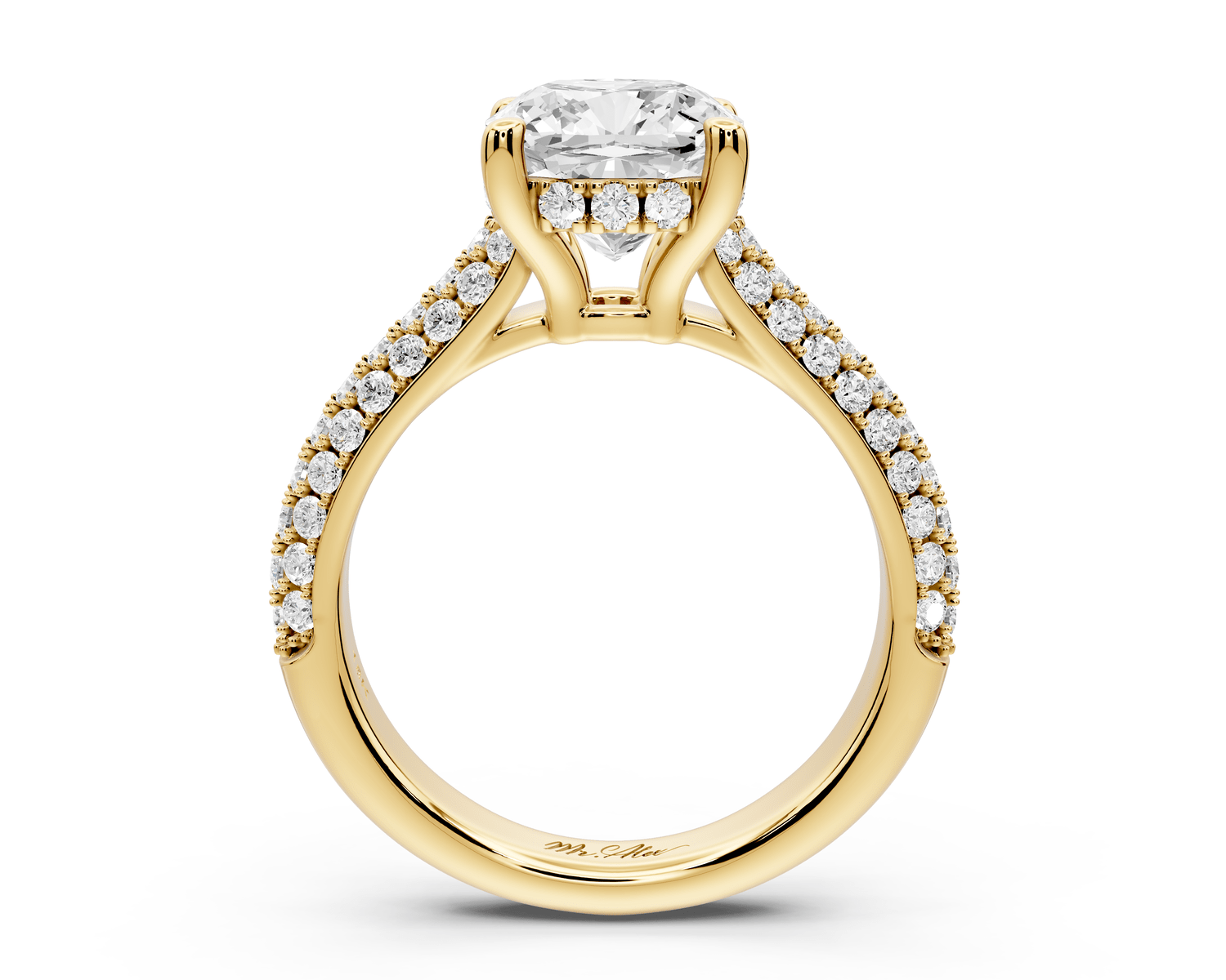 Camille - 2ct 14k yellow gold cushion Diamond hidden halo rollover pave cathedral engagement ring - Mr. Alex Jewelry