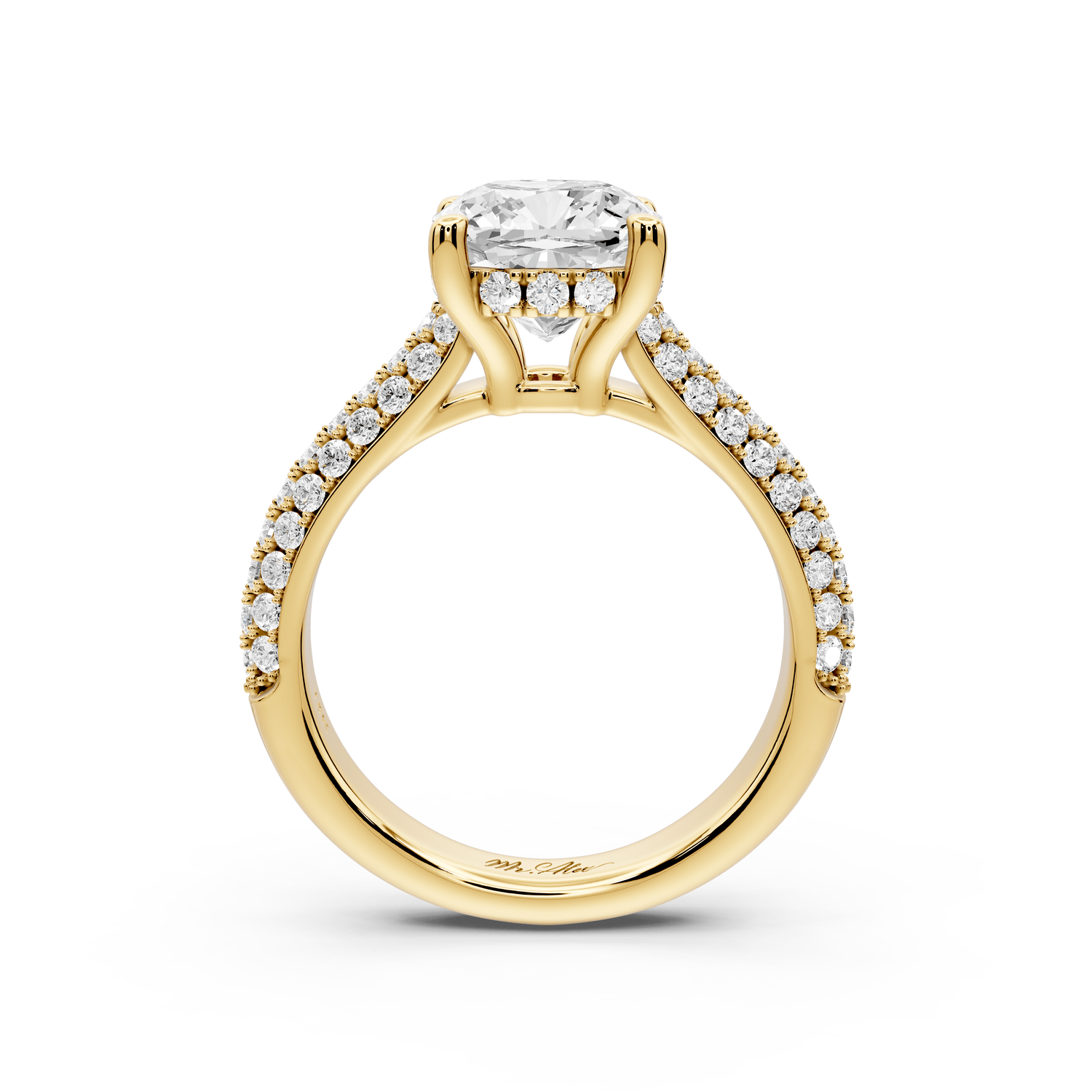 Camille - 2ct 14k yellow gold cushion Diamond hidden halo rollover pave cathedral engagement ring - Mr. Alex Jewelry
