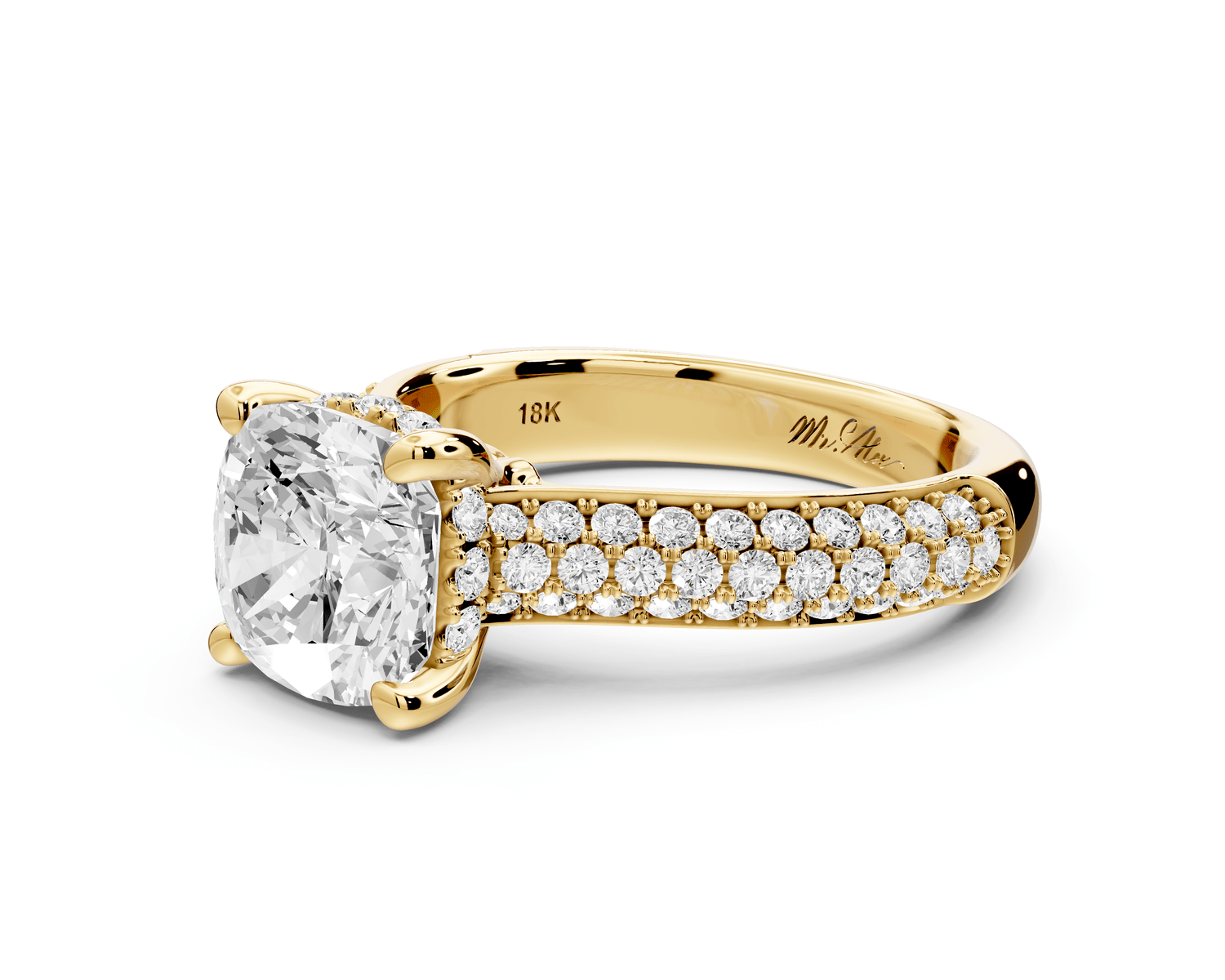 Camille - 2ct 14k yellow gold cushion Diamond hidden halo rollover pave cathedral engagement ring - Mr. Alex Jewelry