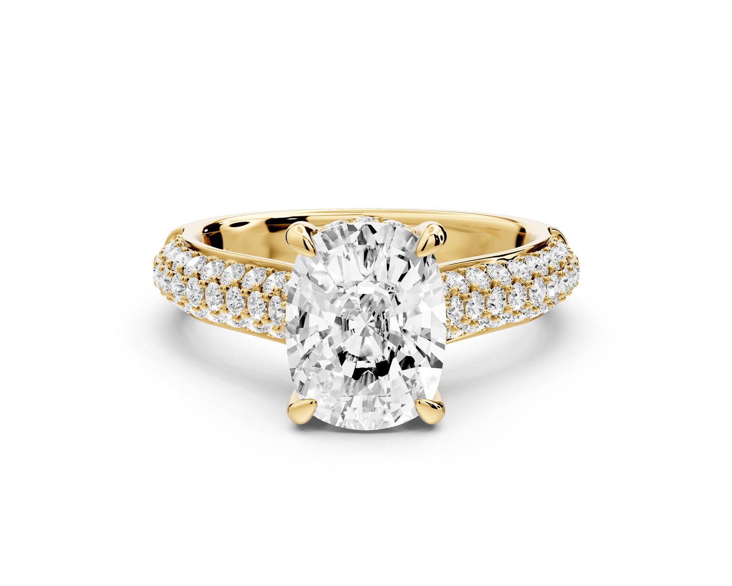 Camille - 2ct 14k yellow gold ecushion Diamond hidden halo rollover pave cathedral engagement ring - Mr. Alex Jewelry