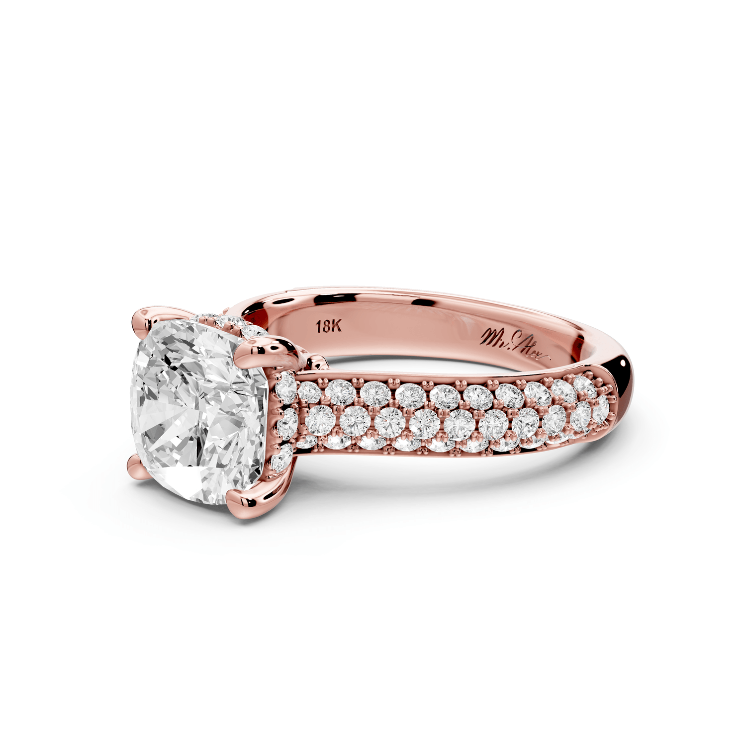 Camille - 2ct 18k rose gold cushion Diamond hidden halo rollover pave cathedral engagement ring - Mr. Alex Jewelry