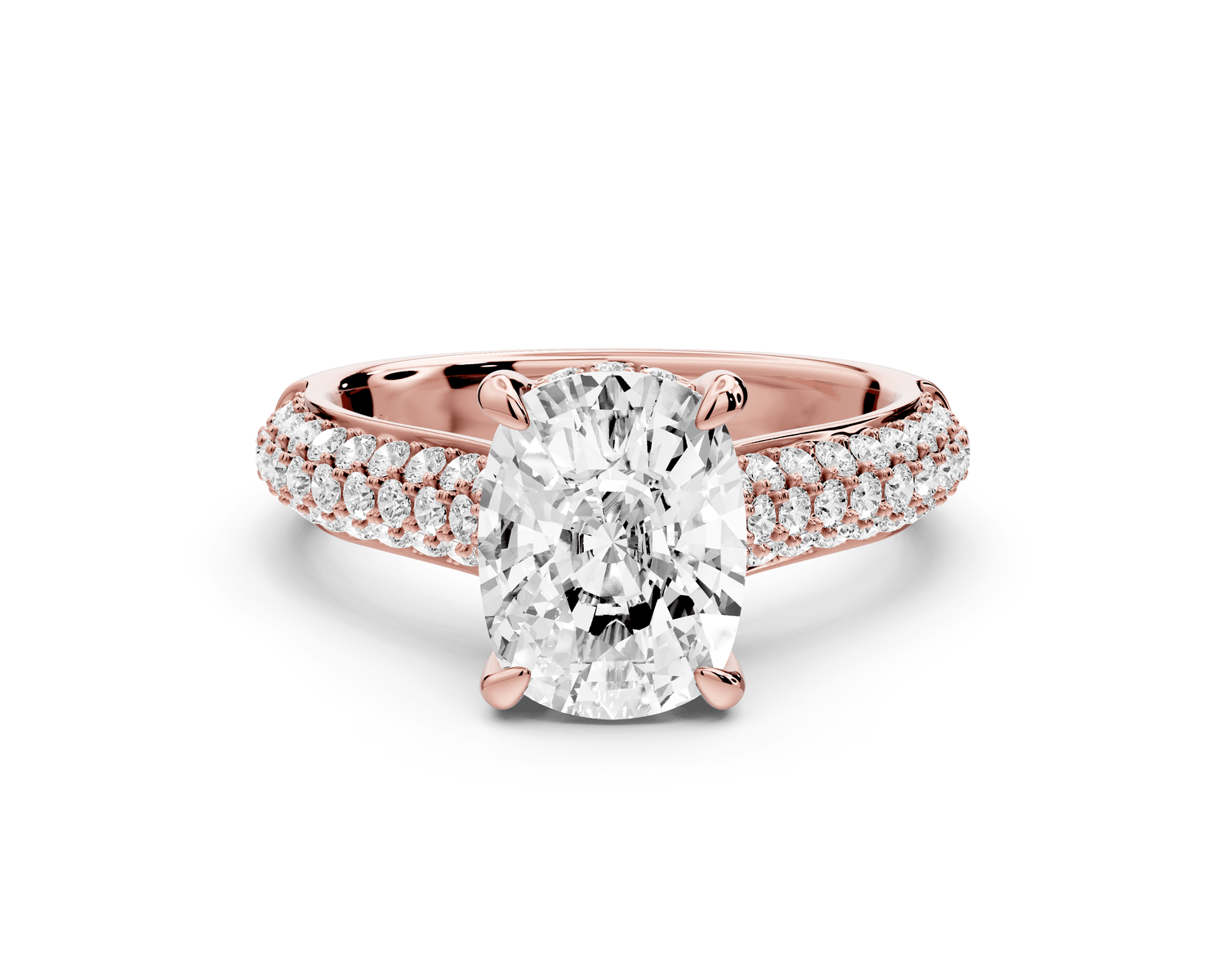 Camille - 2ct 18k rose gold ecushion Diamond hidden halo rollover pave cathedral engagement ring - Mr. Alex Jewelry
