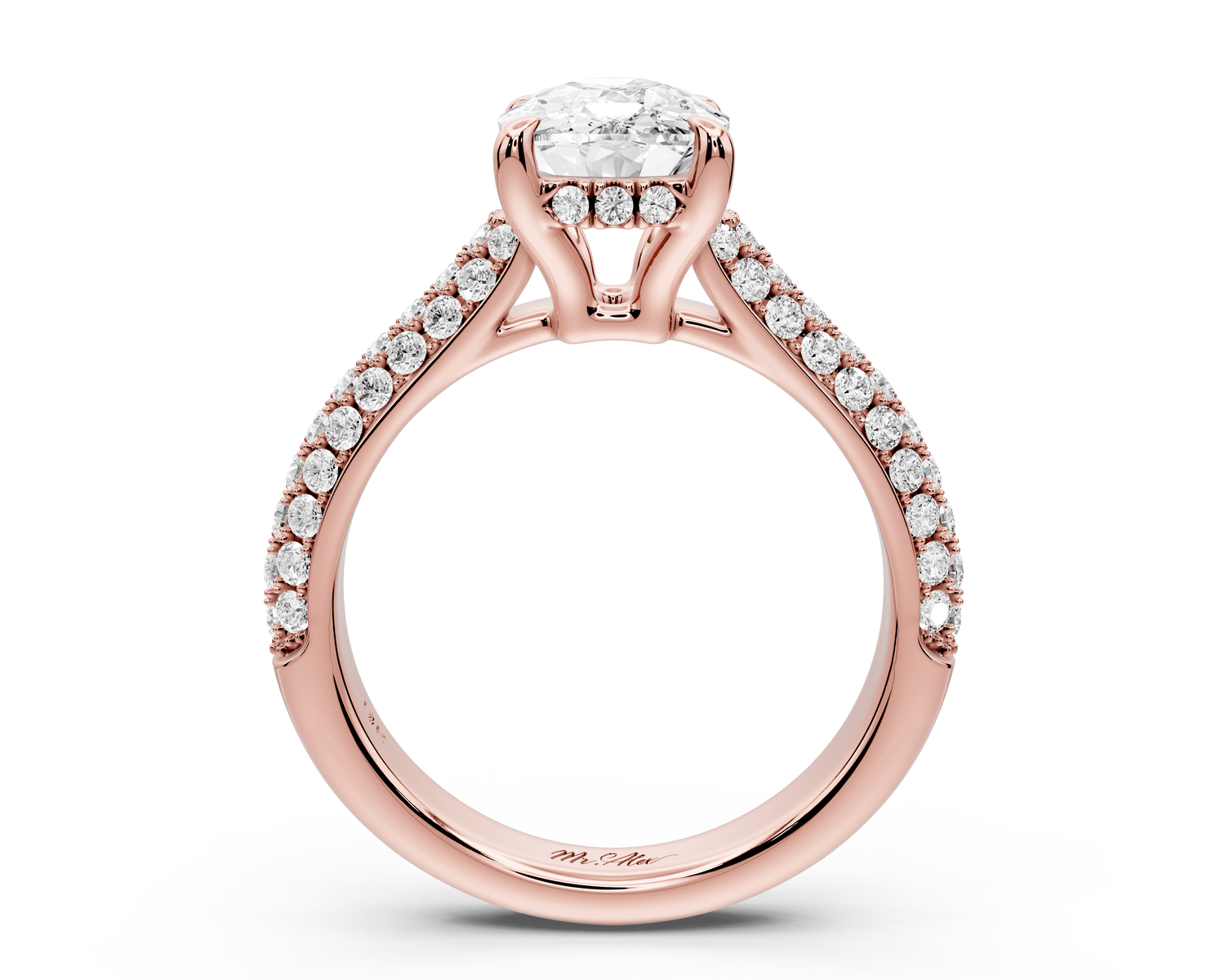 Camille - 2ct 18k rose gold ecushion Diamond hidden halo rollover pave cathedral engagement ring - Mr. Alex Jewelry