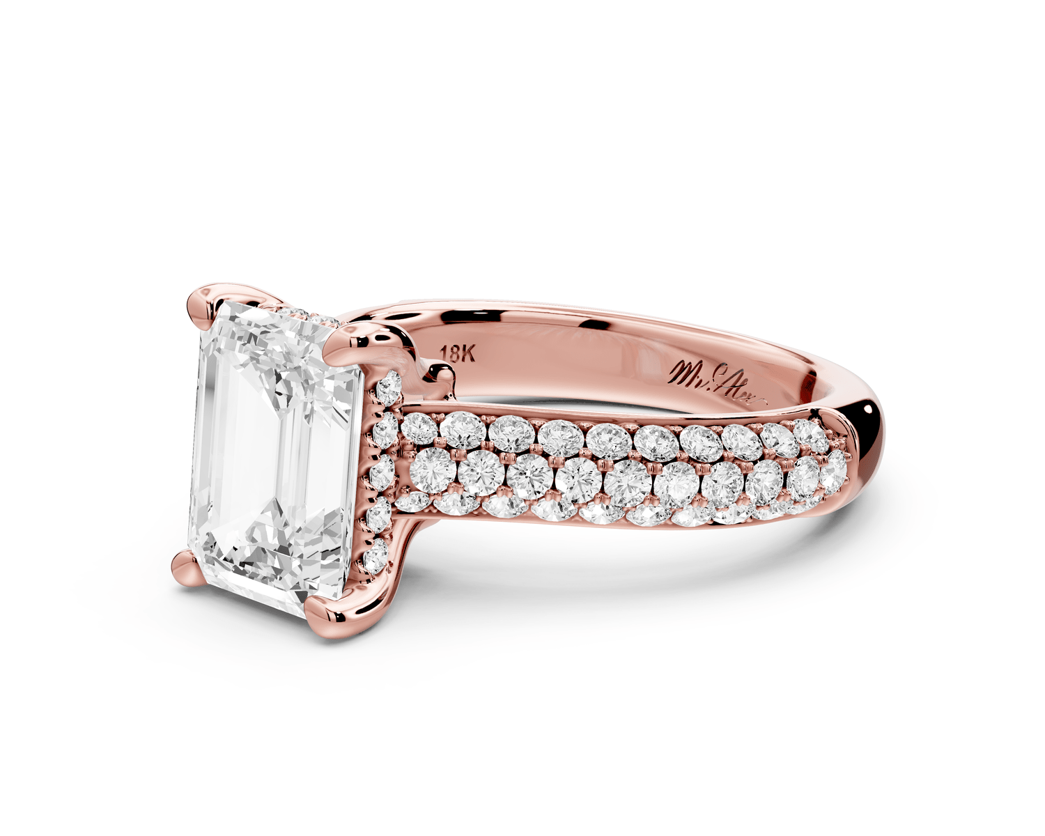 Camille - 2ct 18k rose gold emerald Diamond hidden halo rollover pave cathedral Engagement ring - Mr. Alex Jewelry
