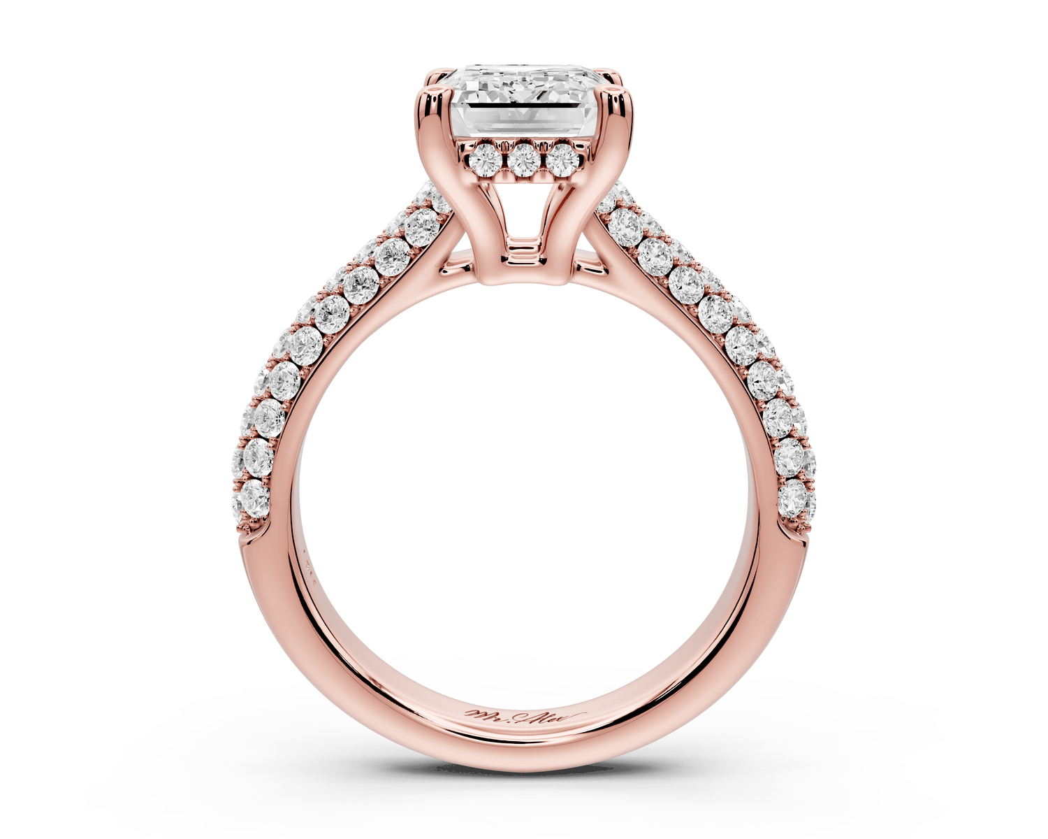 Camille - 2ct 18k rose gold emerald Diamond hidden halo rollover pave cathedral Engagement ring - Mr. Alex Jewelry