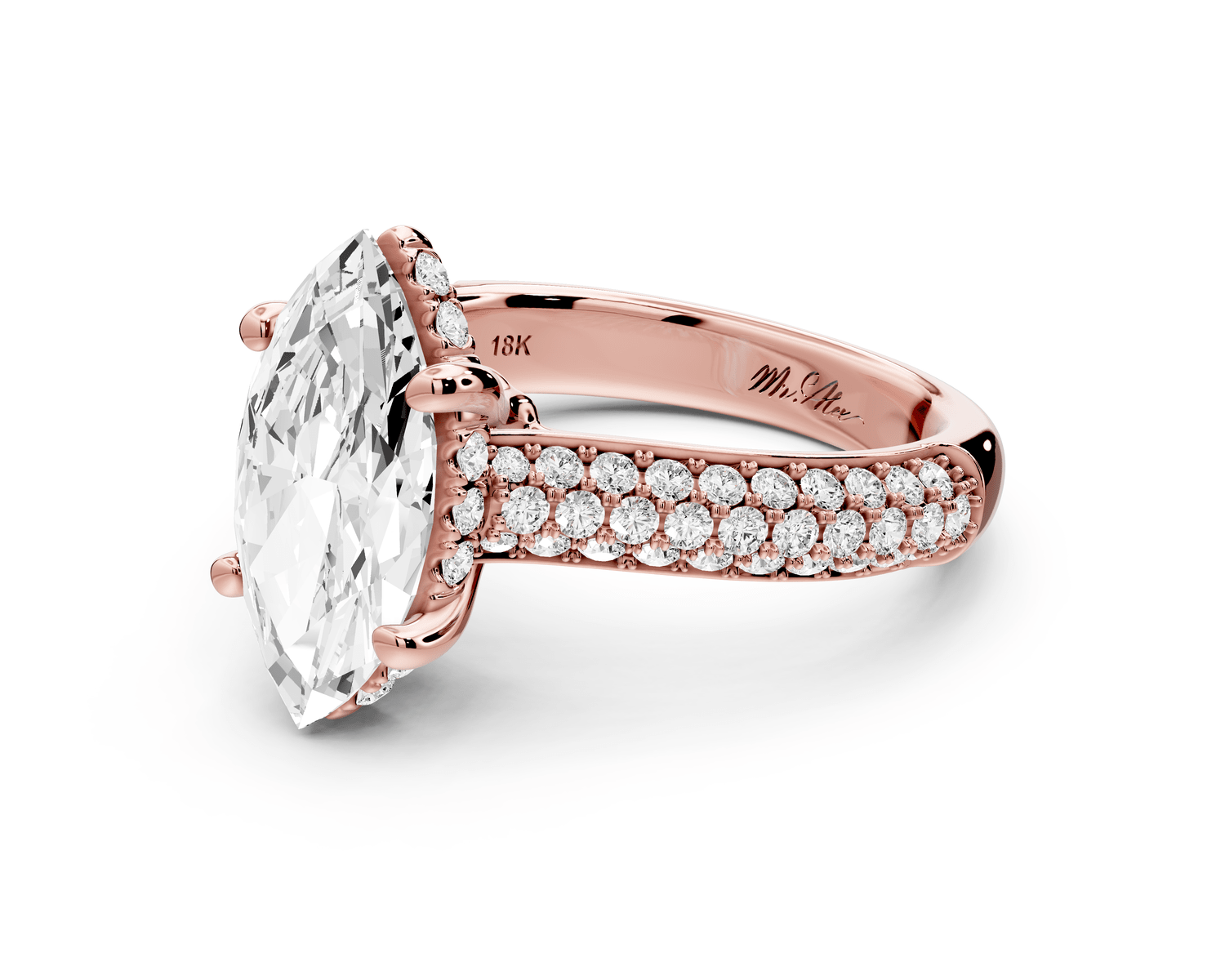 Camille - 2ct 18k rose gold marquise Diamond hidden halo rollover pave cathedral engagement ring - Mr. Alex Jewelry