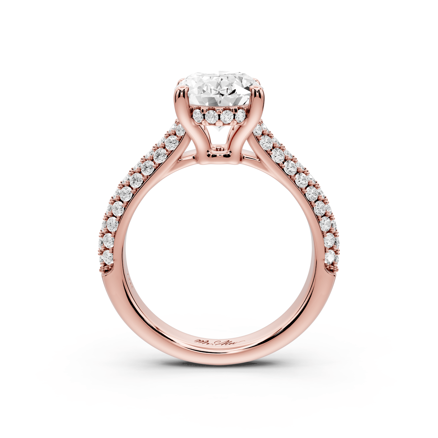 Camille - 2ct 18k rose gold oval Diamond hidden halo rollover pave cathedral Engagement ring - Mr. Alex Jewelry