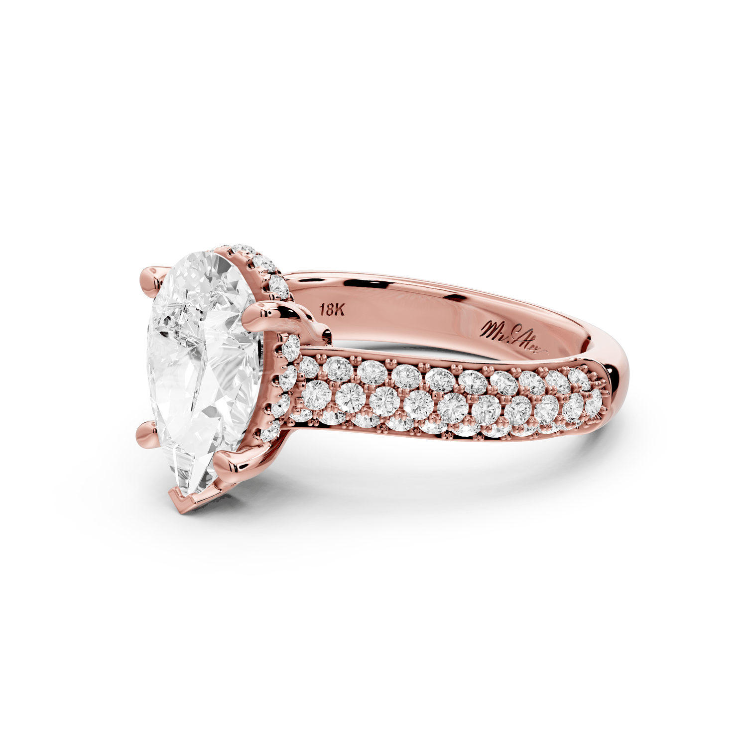Camille - 2ct 18k rose gold pear Diamond hidden halo rollover pave cathedral Engagement ring - Mr. Alex Jewelry
