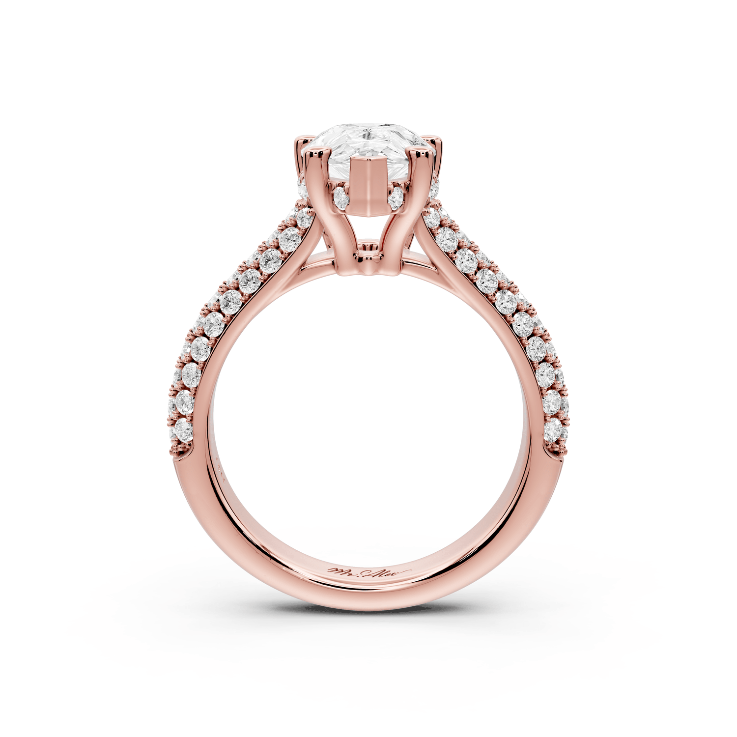 Camille - 2ct 18k rose gold pear Diamond hidden halo rollover pave cathedral Engagement ring - Mr. Alex Jewelry
