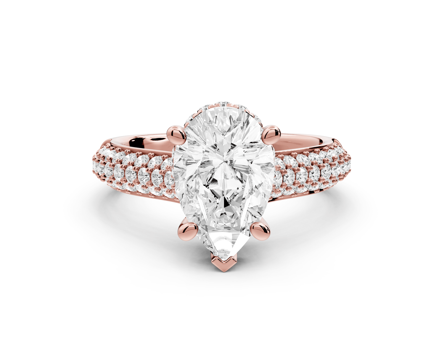 Camille - 2ct 18k rose gold pear Diamond hidden halo rollover pave cathedral Engagement ring - Mr. Alex Jewelry
