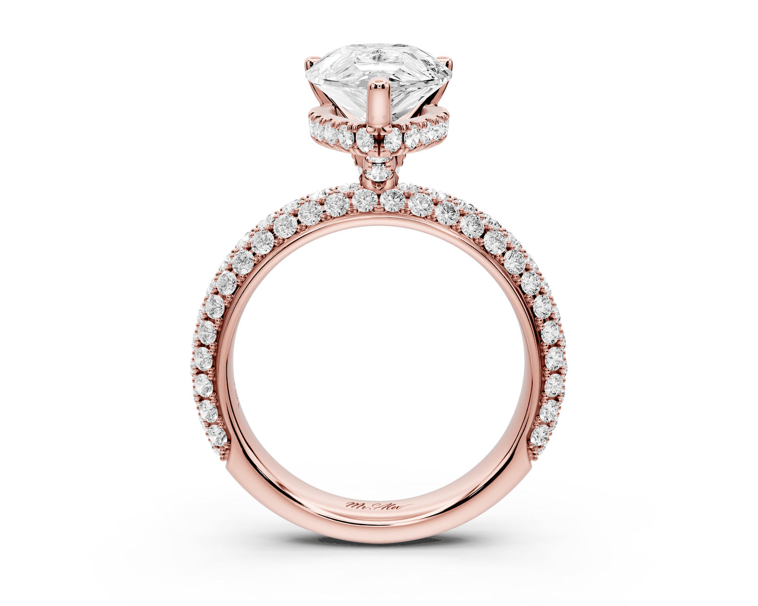 Camille - 2ct 18k rose gold radiant Diamond hidden halo rollover pave cathedral engagement ring - Mr. Alex Jewelry