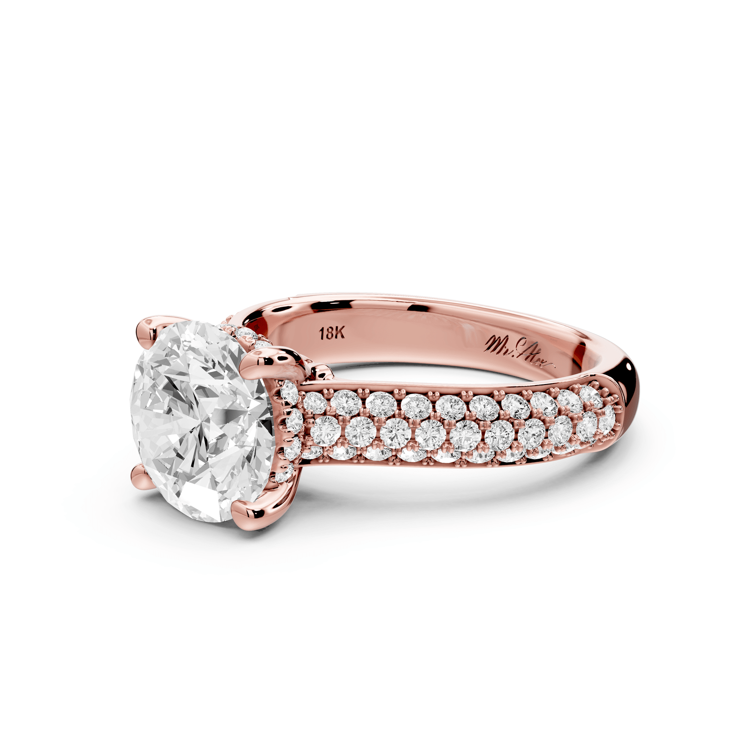 Camille - 2ct 18k rose gold round Diamond hidden halo rollover pave cathedral engagment ring - Mr. Alex Jewelry