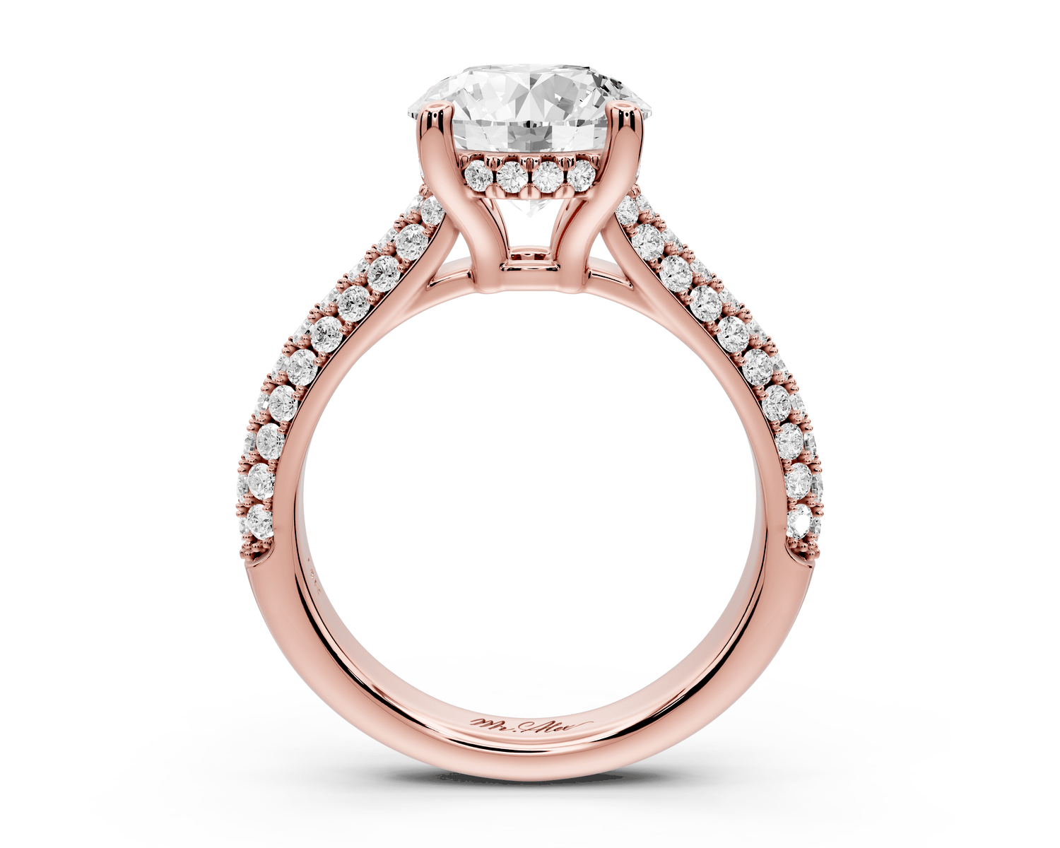 Camille - 2ct 18k rose gold round Diamond hidden halo rollover pave cathedral engagment ring - Mr. Alex Jewelry