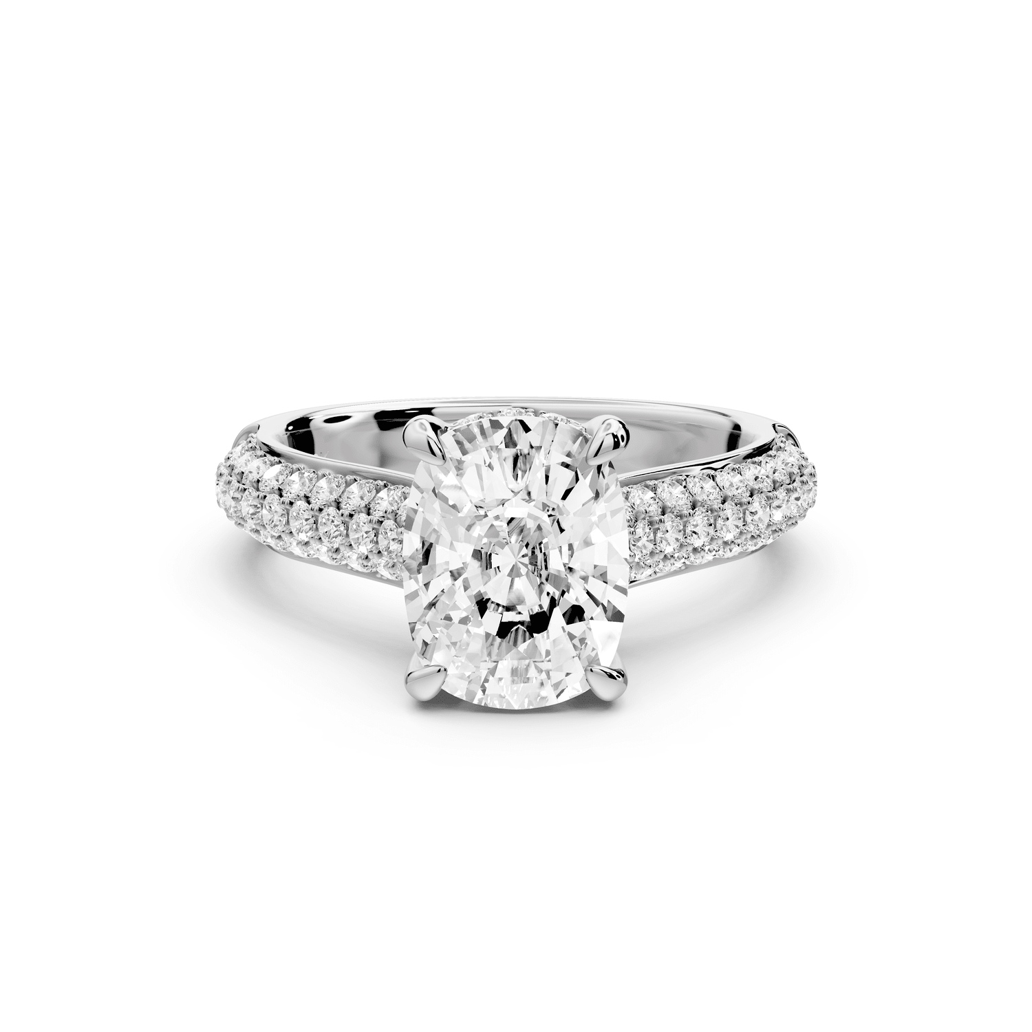 Camille - 2ct 18k white gold ecushion Diamond hidden halo rollover pave cathedral engagement ring - Mr. Alex Jewelry