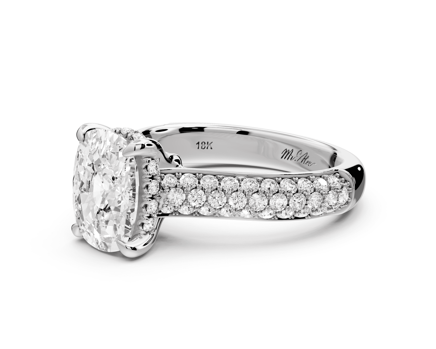 Camille - 2ct 18k white gold ecushion Diamond hidden halo rollover pave cathedral engagement ring - Mr. Alex Jewelry