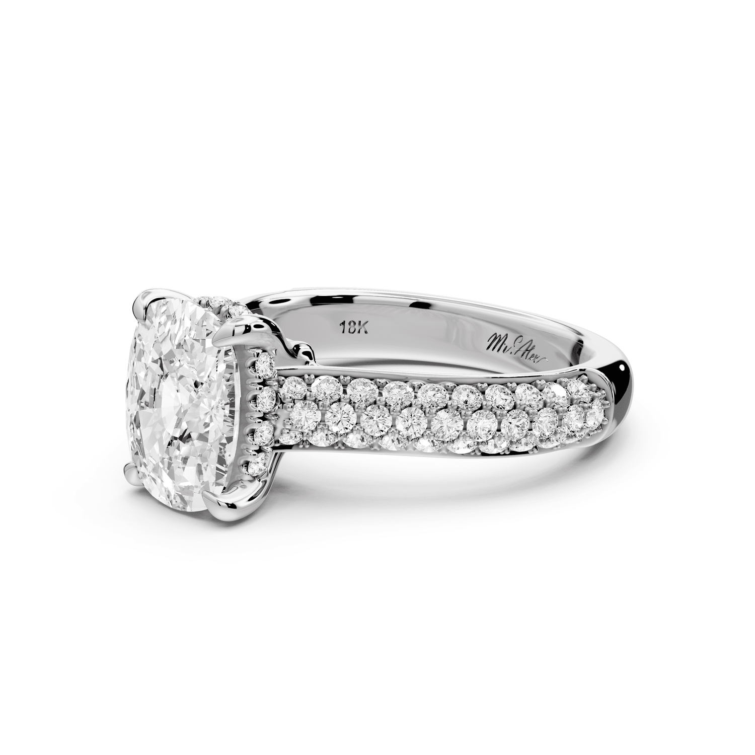 Camille - 2ct 18k white gold ecushion Diamond hidden halo rollover pave cathedral engagement ring - Mr. Alex Jewelry
