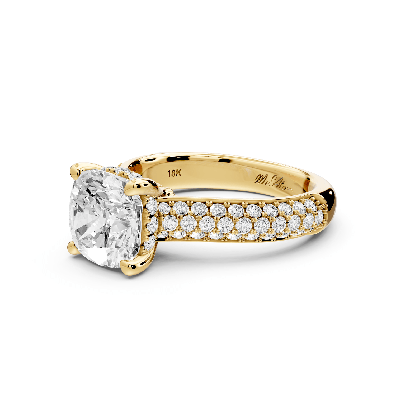 Camille - 2ct 18k yellow gold cushion Diamond hidden halo rollover pave cathedral engagement ring - Mr. Alex Jewelry