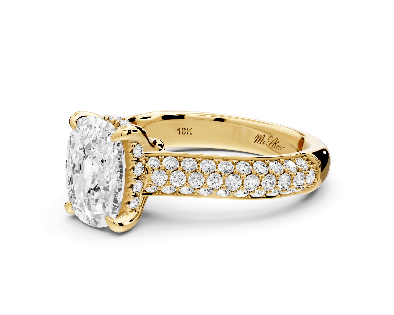 Camille - 2ct 18k yellow gold ecushion Diamond hidden halo rollover pave cathedral engagement ring - Mr. Alex Jewelry