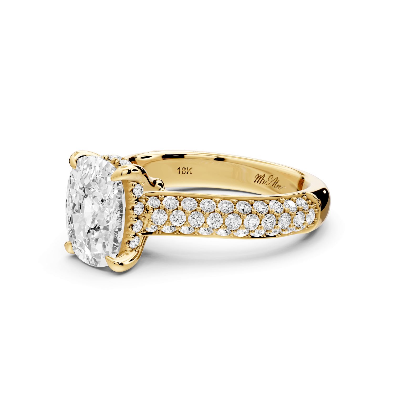 Camille - 2ct 18k yellow gold ecushion Diamond hidden halo rollover pave cathedral engagement ring - Mr. Alex Jewelry