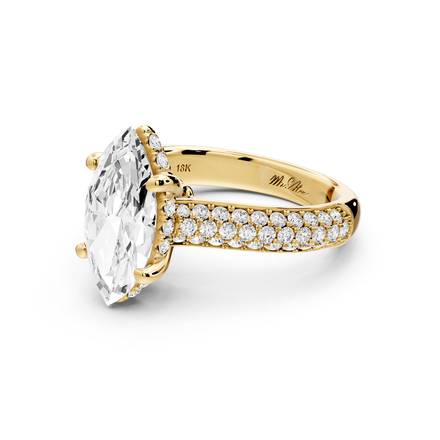Camille - 2ct 18k yellow gold marquise Diamond hidden halo rollover pave cathedral engagement ring - Mr. Alex Jewelry